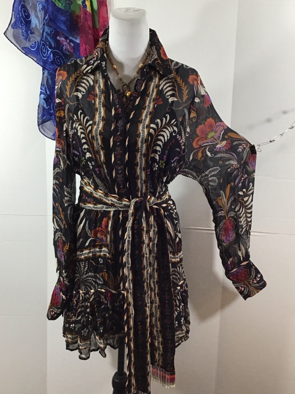 Farm Rio classic garden mini shirt dress with beaded sash S